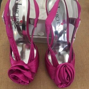 Luichiny Satin Open-Toe Slingback Heels in Hot Pink with Rosette